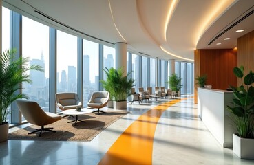 Fototapeta premium Modern office interior with abundant natural light, green plants, ergonomic furniture. Features reception desk, comfortable seating area, large windows with city views. Contemporary design promotes