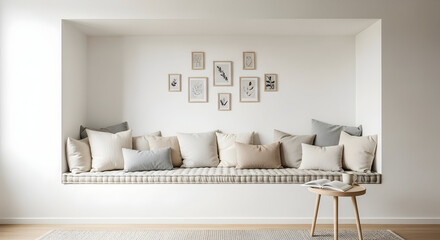 Cozy Interior Design: Relaxing Reading Nook with Pillows and Artwork