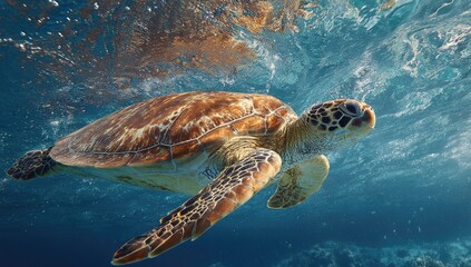 Fototapeta premium Sea turtle swimming in vibrant blue water
