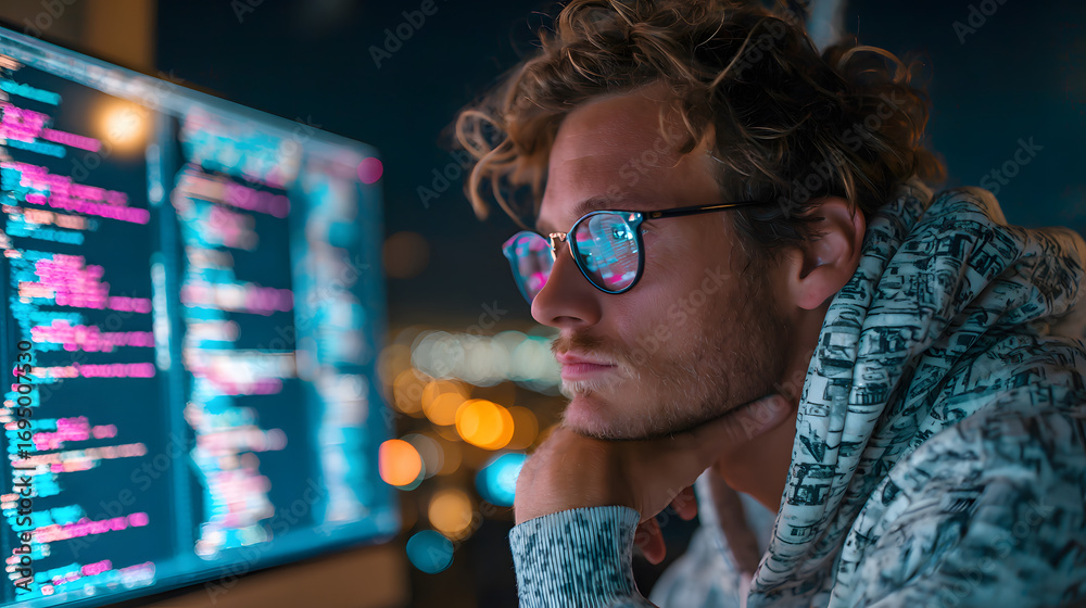 Wall mural a focused programmer working late at night, surroundd by lines of code, lookin at a large screen dis
