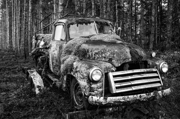 Old Truck In The Forest, In Black And White