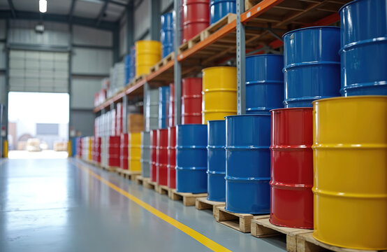 Warehouse rows display colorful stacked barrels on pallets. Blue, red, yellow containers store industrial materials. Safety signs indicate hazardous contents. Organized storage facilitates logistics, - Powered by Adobe