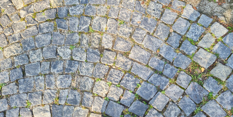 Close-up view of a cobblestone pathway, showcasing the unique texture and pattern of the stones with green grass peeking through, perfect for outdoor landscaping or architecture projects.
