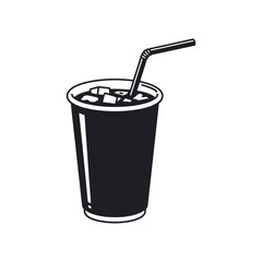 Black and white illustration of a cup with ice cubes and a straw beverage drink
