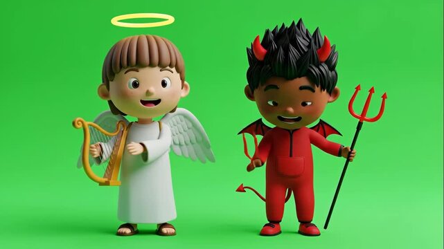 Cartoon Angel and Devil Kids on Green Screen - Two adorable cartoon children, one dressed as an angel playing a harp and the other as a devil holding a pitchfork, stand against a green screen