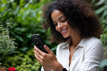 Smiling African Woman Using Phone Outdoors Against Greenery Background