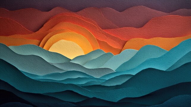 Colorful paper cut art of layered mountains and sun setting