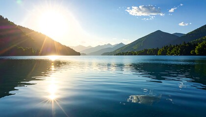 Serene mountain lake reflecting a vibrant sunrise, showcasing a tranquil scene with gentle ripples and a clear sky.
