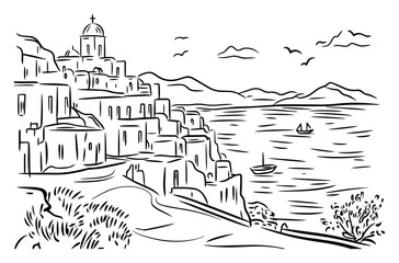 Obraz premium Cycladic Seaside Village Vector Panorama – Terraced White Houses Cascading Toward Aegean