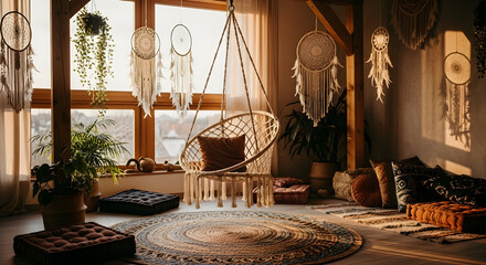 Cozy bohemian interior with dreamcatchers hanging and wicker swing chair in a warm atmosphere