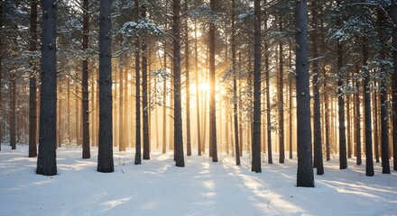 Sunlight shining through tall trees in a snowy forest creating a bright and peaceful winter scene