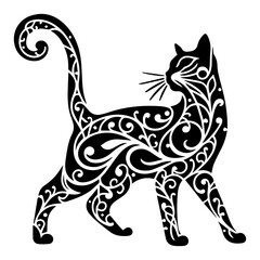 Decorative Cat Swirl Vector Silhouette – Ornate Tribal Feline with Elegant Curves