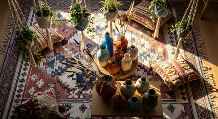 Cozy bohemian interior with plants, cushions, rug and decorative vases overhead