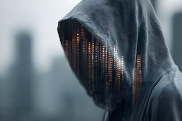 Hooded anonymous figure with financial chart overlay, digital style, blurred ofice background. Concept o cybercrime in finance. Aigenerative