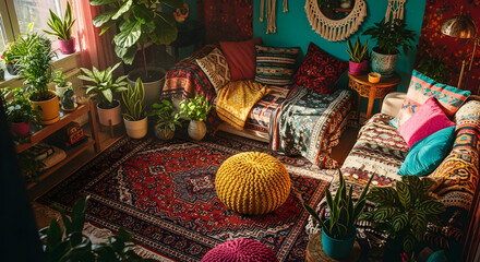 Cozy Bohemian Living Room Filled with Decorative Pillows, Plants and Bohemian Rug