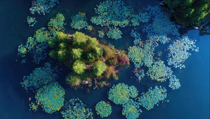 Aerial view of a small island amidst a lake, covered in lush greenery and vibrant water lilies