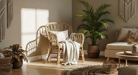 Cozy bohemian living room interior with a chair, plants, and decor in warm tones