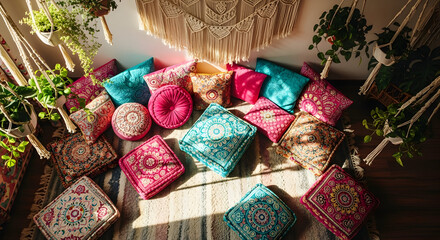 Cozy Bohemian Living Space with Colorful Cushions and Hanging Plants