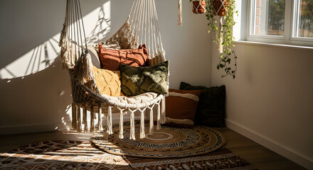 Cozy bohemian styled room with natural light, hanging chair, pillows, and rugs for comfort