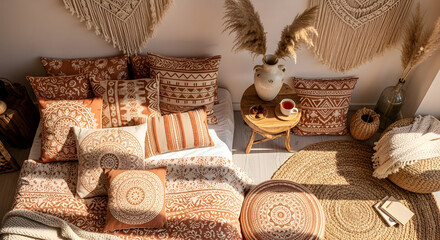 Cozy boho bedroom interior, with pillows, rugs, and decorative cushions and teacup