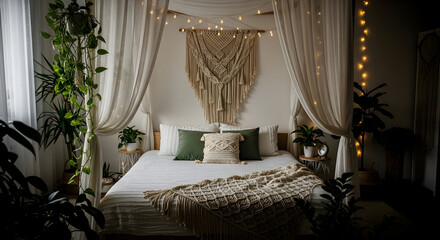 Cozy boho bedroom with decorative macrame wall decor, creating a relaxed ambiance