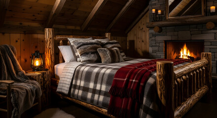 Cozy Cabin Bedroom Featuring Fireplace And Natural Wood Accents Creating A Retreat Atmosphere