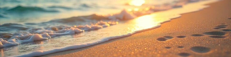 Golden hour sunlight bathes a pristine sand shore, gentle waves lapping at the edge, leaving delicate patterns in the fine sand Perfect for travel, nature, and summer themes , sunrise, coastal, ocean