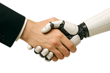 Human hand shaking robotic hand in partnership isolated on a transparent background