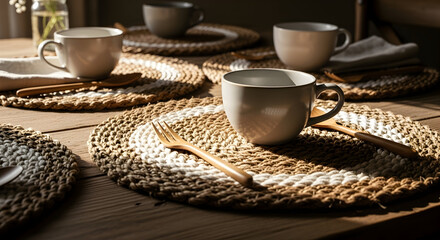 Cozy Brunch Scene on a Rustic Wooden Table Featuring Handmade Cup Coasters