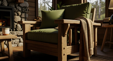 Cozy Cabin Interior Featuring Wooden Furniture, Fireplace, Blankets, and Relaxing Ambiance