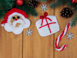 A set of knitted Christmas tree decorations