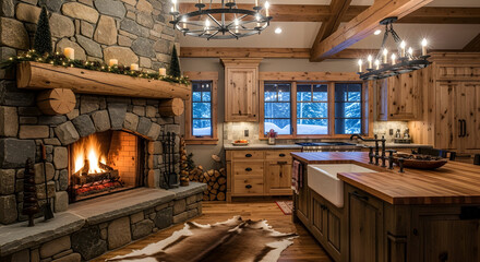Cozy Cabin Kitchen with Fireplace and Rustic Charm in a Luxurious Home