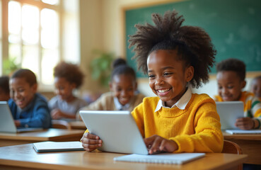 Young girl in yellow sweater happily uses laptop in classroom. Diverse students learn together. Image signifies modern education, inspiration, collaborative learning environments. Focus on technology