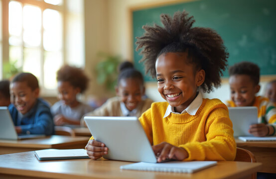 Young girl in yellow sweater happily uses laptop in classroom. Diverse students learn together. Image signifies modern education, inspiration, collaborative learning environments. Focus on technology