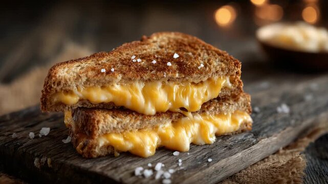 Indulge in a gooey cheddar grilled cheese sandwich with thick cheese strings and golden toasted bread, served on a rustic wood plank with a sprinkle of coarse salt.