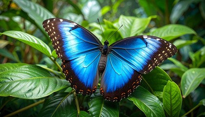 A vibrant blue butterfly rests gracefully on lush green foliage, showcasing intricate patterns and a serene atmosphere.