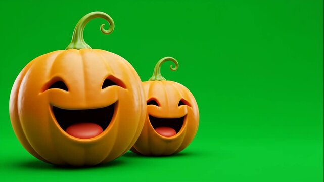 Happy Cartoon Pumpkins on Green Screen - Two cheerful cartoon pumpkins with smiling faces are positioned against a bright green chroma key background. Perfect for Halloween or autumn-themed projects.