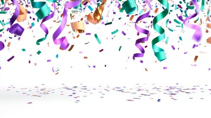 Obraz premium Dynamic party scene with green and purple streamers celebratory atmosphere event photography indoor setting eye-level view vibrant festive concept