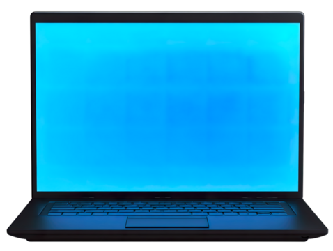 Sleek Modern Black Laptop with a Vibrant Blue Blank Screen, Facing Front, a Transparent Png Cutout Image for Digital Design and Mockups