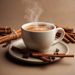 Hot coffee with cinnamon sticks, cozy winter studio photo.