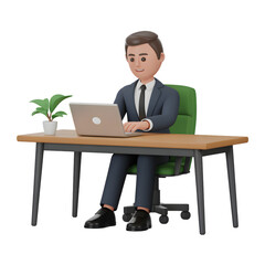 Cartoon businessman in a suit sitting at a desk working on a laptop computer with a plant on the side isolated on transparent background