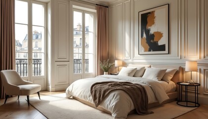 Chic Parisian bedroom blends vintage accents with modern art. Elegant French doors open to city views. Neutral tones, mixed textures create sophisticated, inviting ambience. Stylish decor enhances