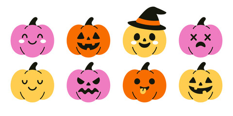 Vector cute halloween pumpkin collection with various faces. Funny jack o lantern clipart set for festive autumn design. Creepy and spooky pumpkins.