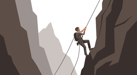Illustration of a mountain climber descending a sheer cliff using ropes for sport