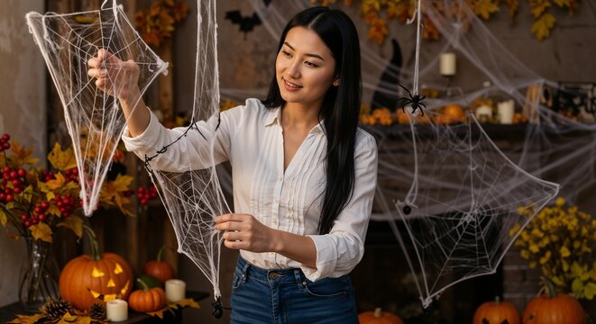 Woman decorating with Halloween spider webs among pumpkins and candles  