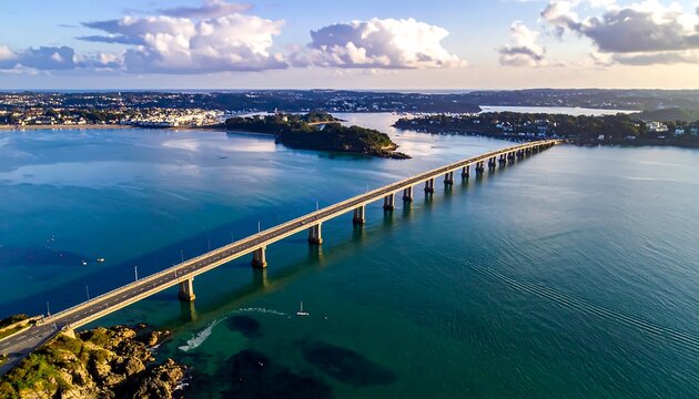Aerial view of a bridge spanning a bay - Powered by Adobe