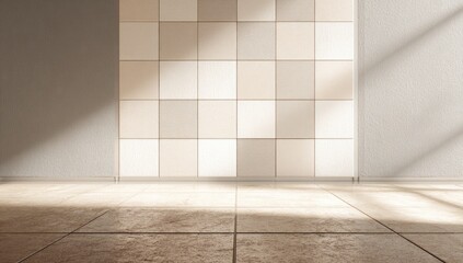 Empty room with light beige tiled wall, sunbeams