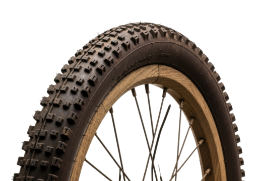 Deep brown pneumatic bicycle tire with knobby tread on weathered wooden spoke wheel, subtle scuffs, isolated on transparent background. Concept of timeless craftsmanship and authentic heritage