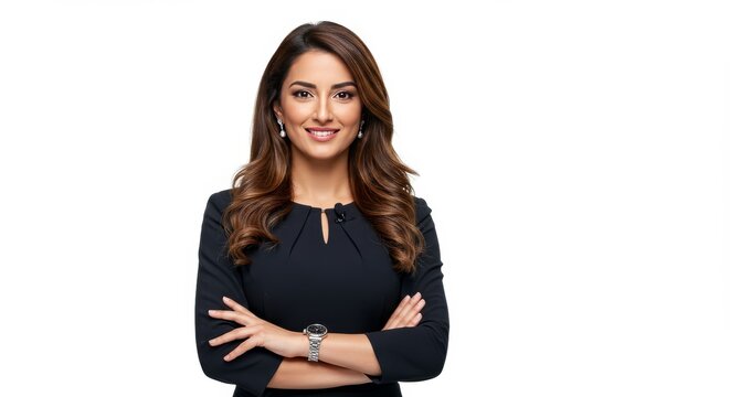 Portrait of an Arabian Female TV News Presenter with Brown Hair, Elegantly Dressed in Formal Attire on a White Background
