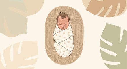 Illustration of a newborn baby swaddled in a blanket with decorative elements